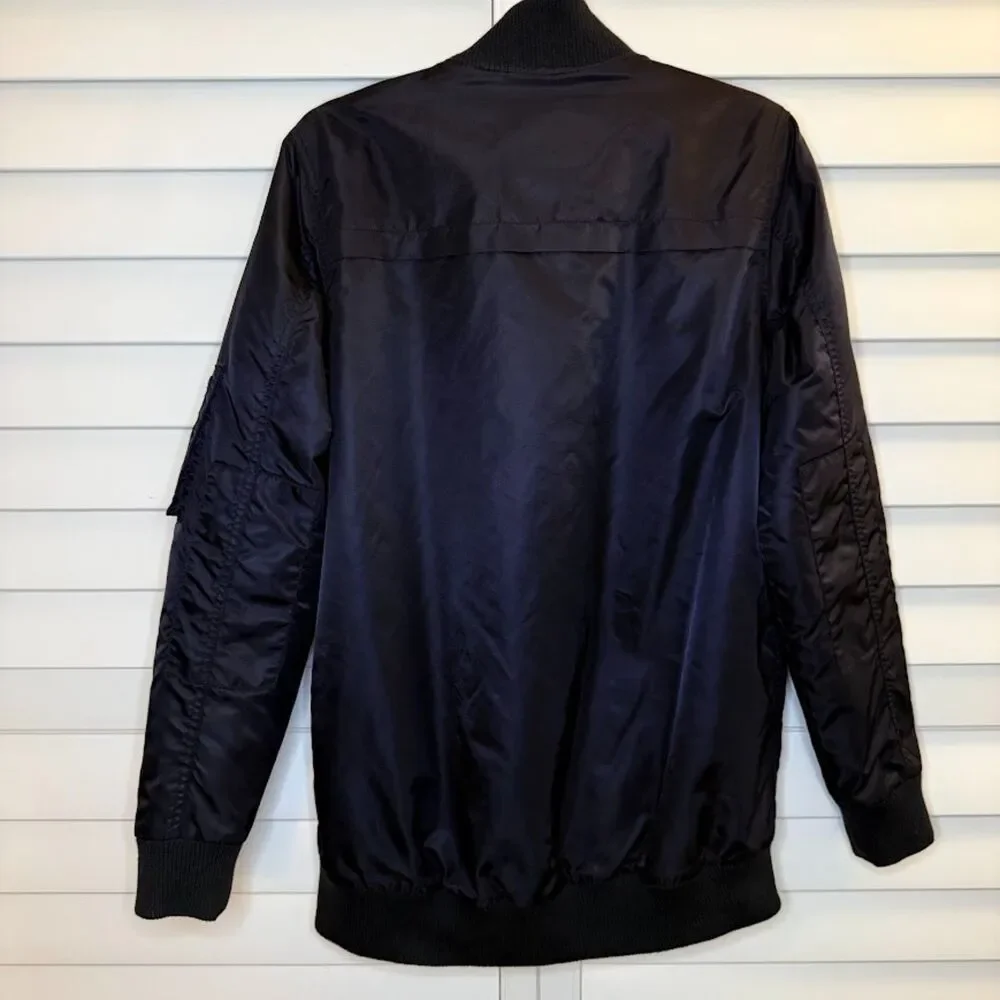 Obey Rose Embroidery Fleece-Lined Longline Black Bomber Jacket size M - Picture 3 of 12